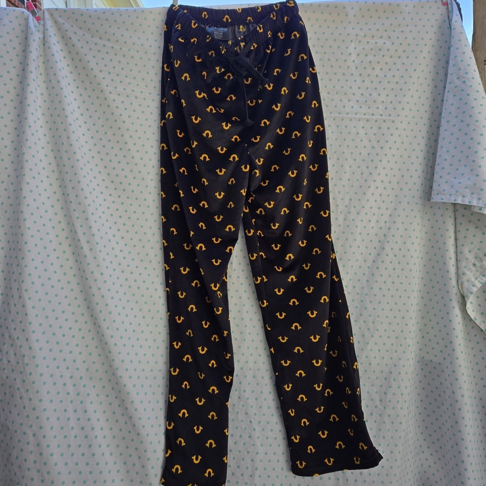 Men's True Religion All Over Print Black & Gold Logo Lounge Pants Size M Velour